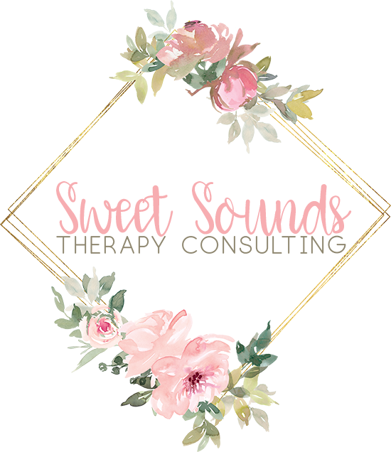 Sweet Sounds Therapy Consulting logo, which features watercolor flowers, greenery in pink and green, and a gold lines in the shape of a diamond. The words Sweet Sounds is in script and is colored in pink. The words Therapy Consulting is in capitalized letters and in the color green.