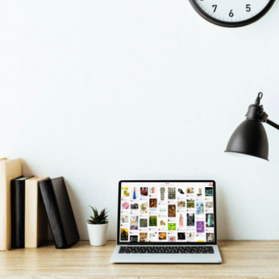 An open laptop sits on a wood desk, along with several books, a succulent, and a black lamp.